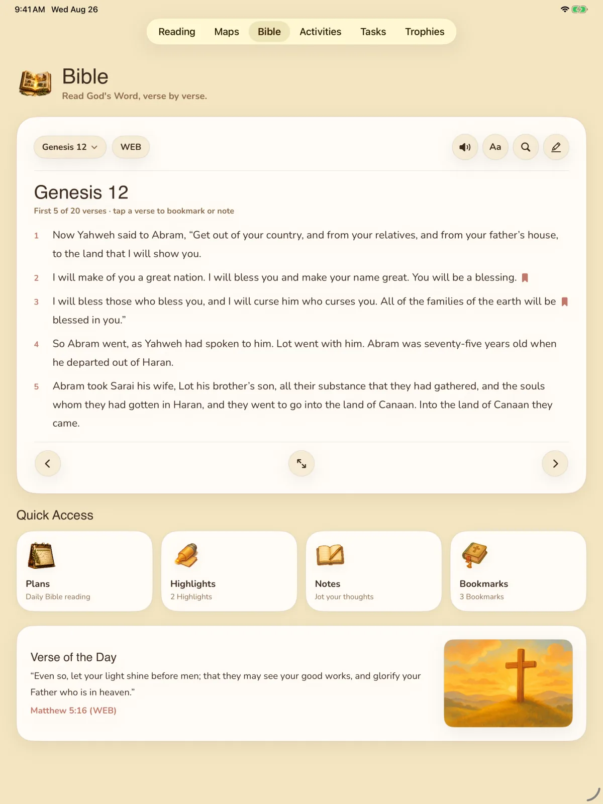 The Bible reader open at Genesis 12, set verse by verse, with highlights, notes and bookmarks a tap away.