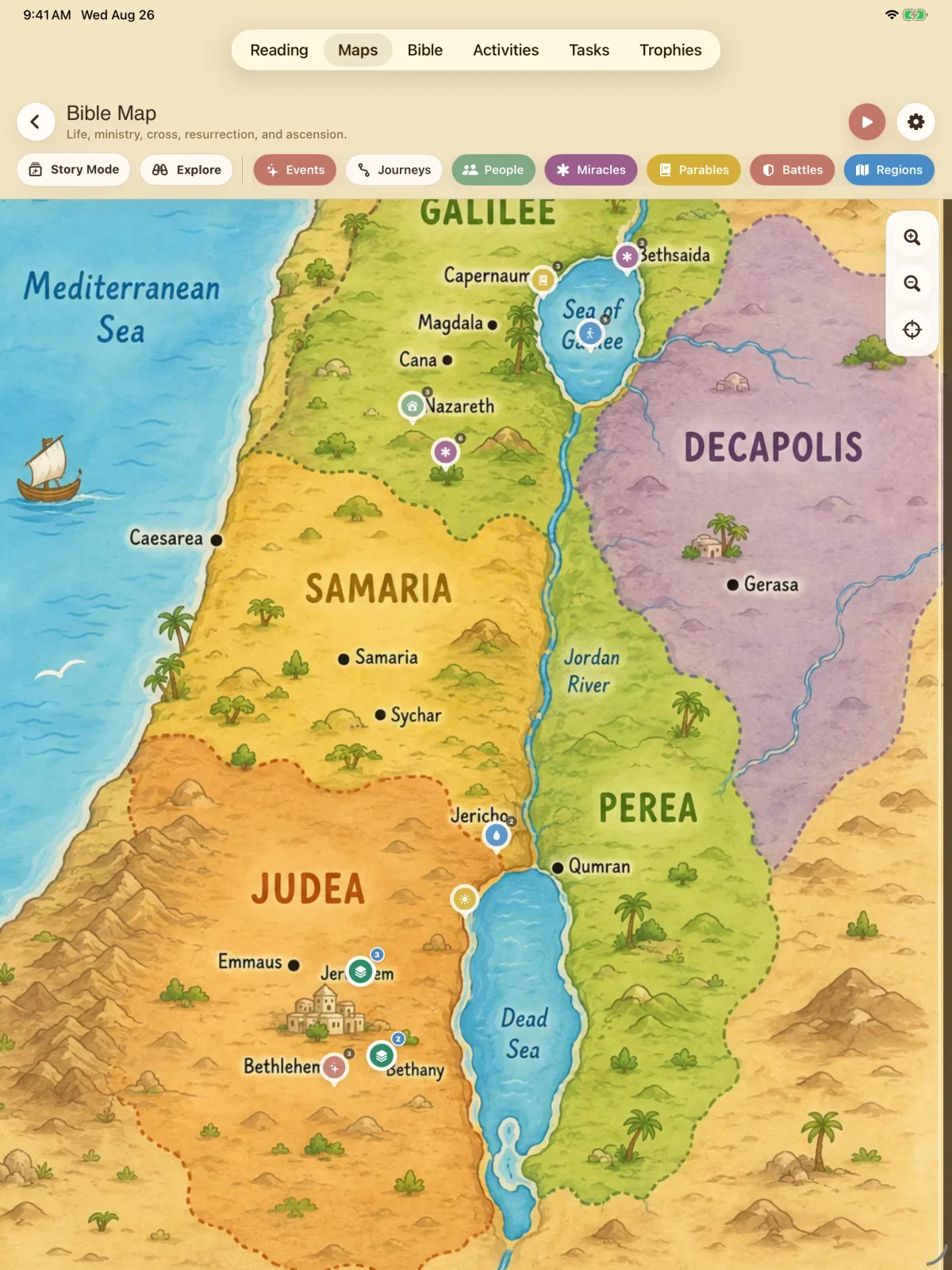The Bible Map of Galilee, Samaria, Judea and Perea, with filters along the top for events, journeys, people, miracles, parables, battles and regions.