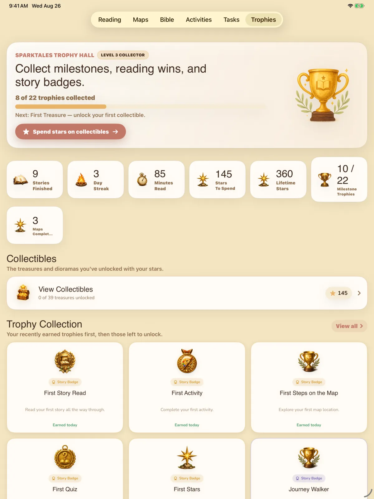 The Trophy Hall: milestone trophies collected, reading totals, and earned story badges such as First Story Read and First Quiz.