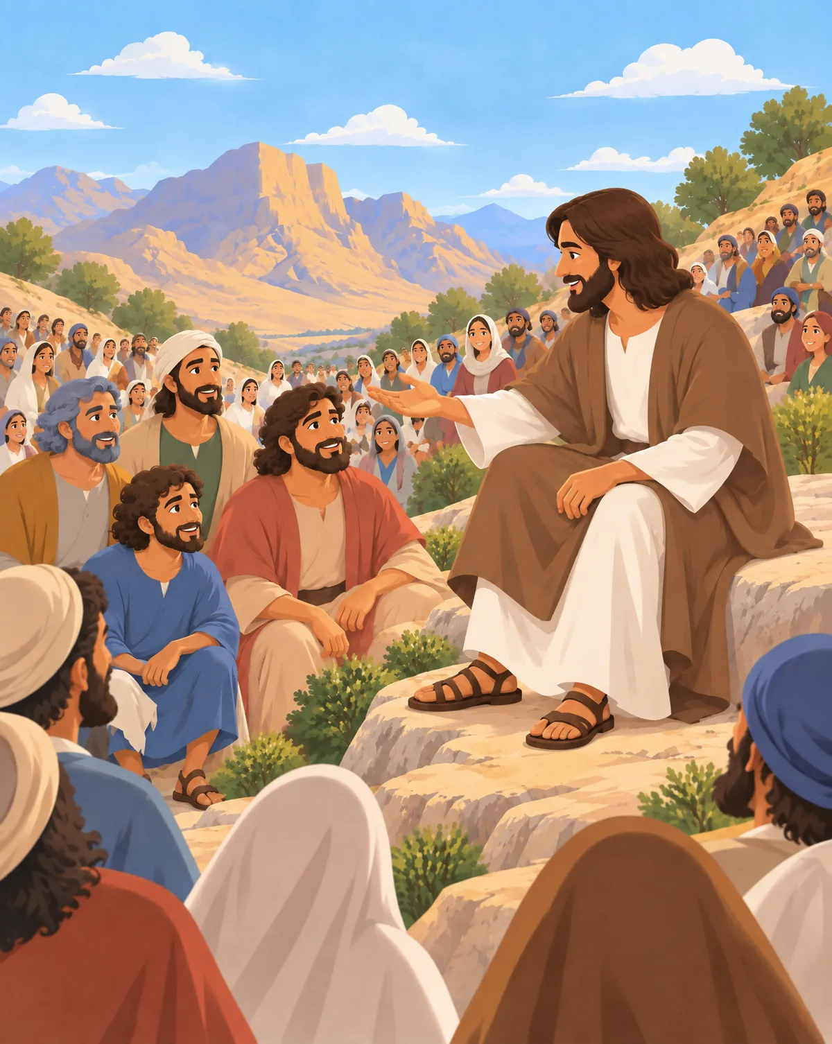 Jesus sits on a rock on the hillside, teaching the crowd gathered below him, with mountains beyond.