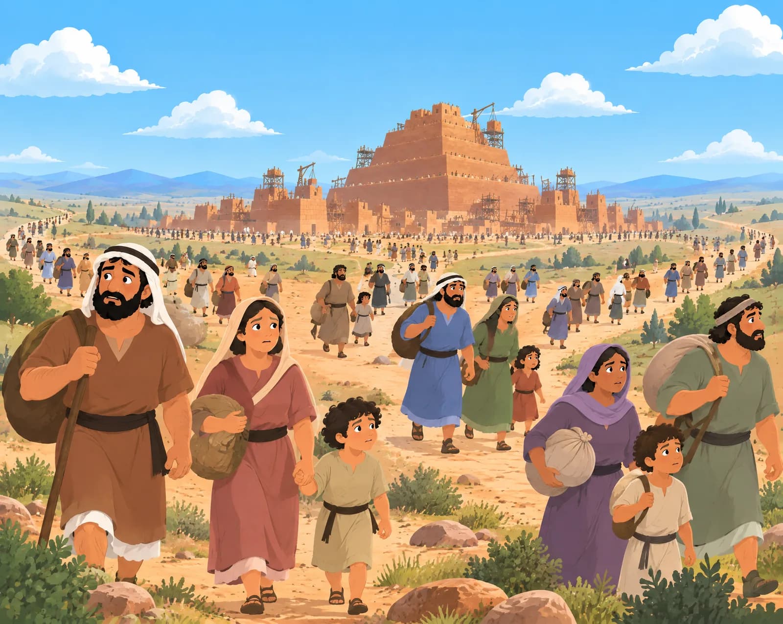 Families carrying bundles walk away across the plain, leaving the unfinished tower behind them.