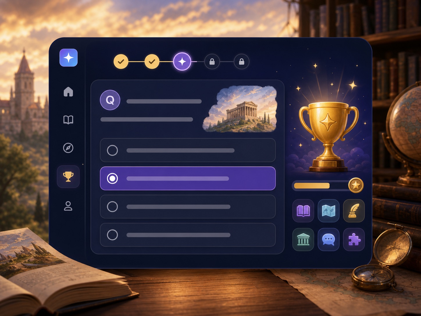A premium dark quiz interface with answer cards, learning icons, and a trophy reward.