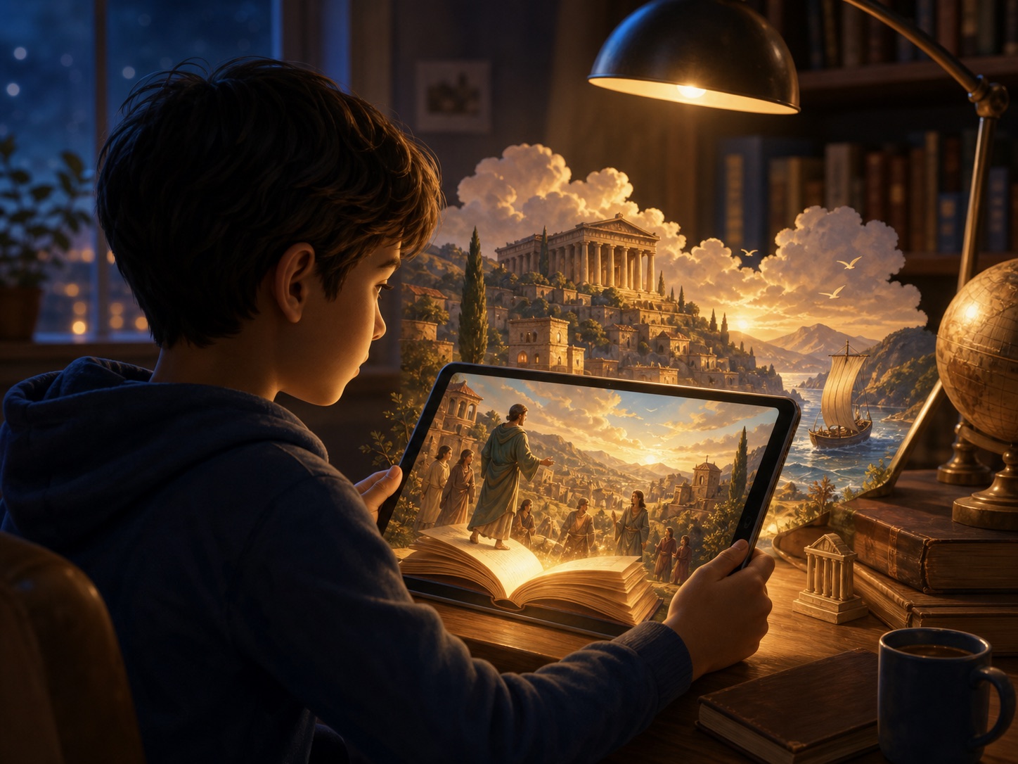 A learner reading a glowing illustrated story world on a tablet in a warm study.
