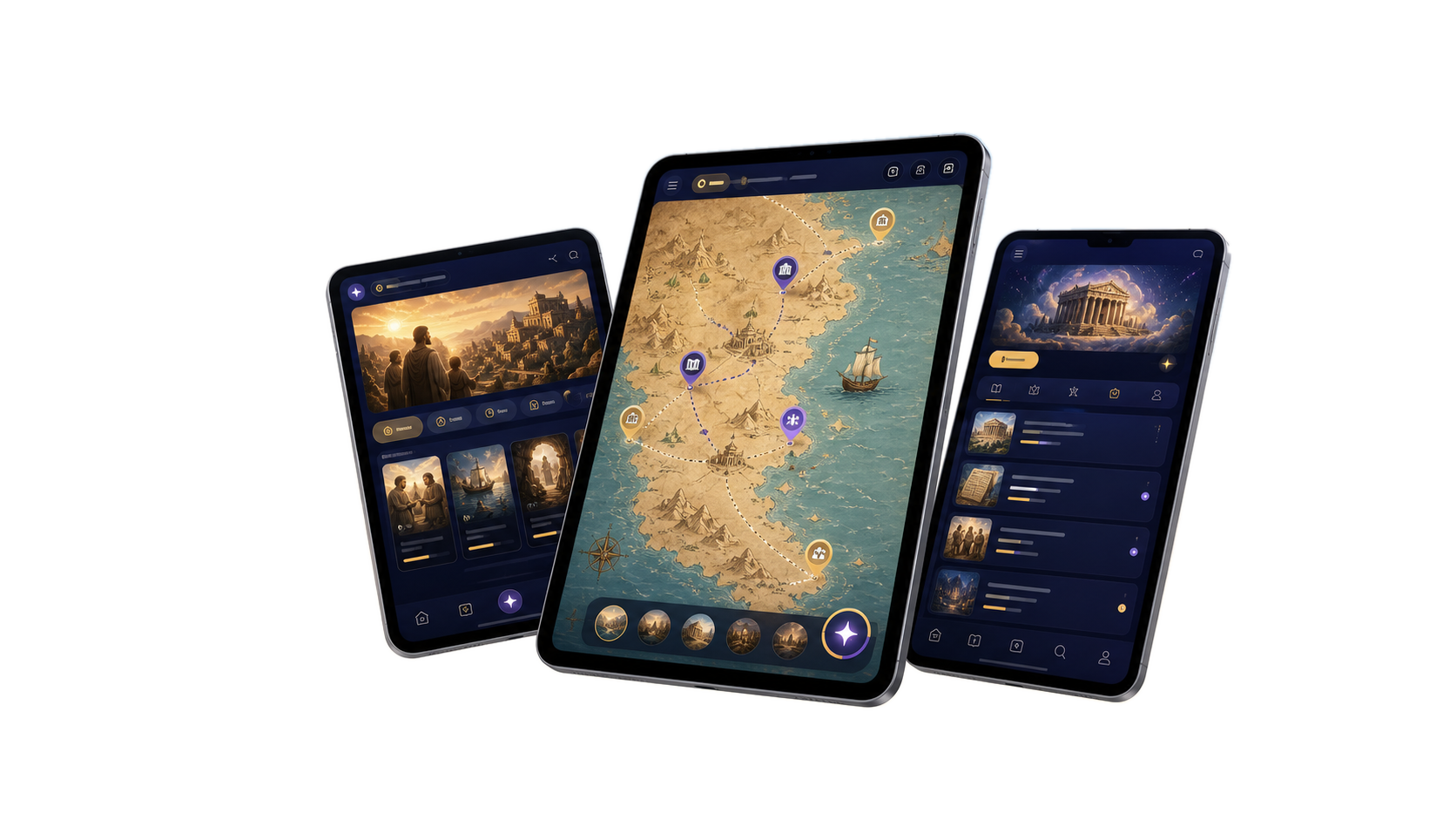 Three Storybook Bible app mockups showing a story library, interactive map, and learning curator interface.