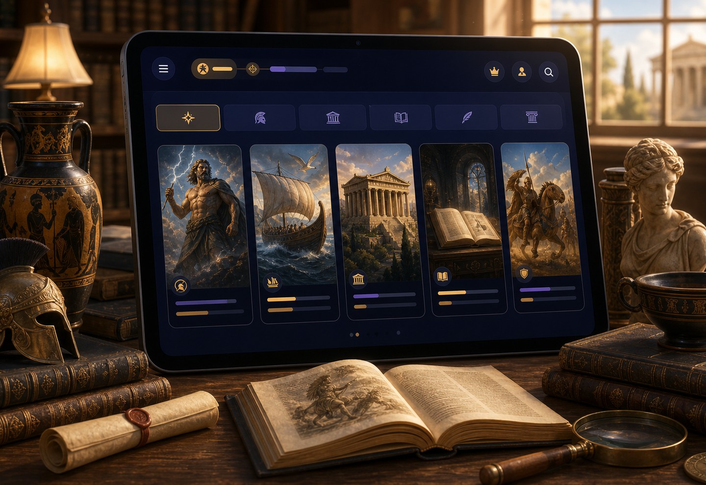 A dark learning interface connecting artifacts, story context, maps, and future learning worlds.